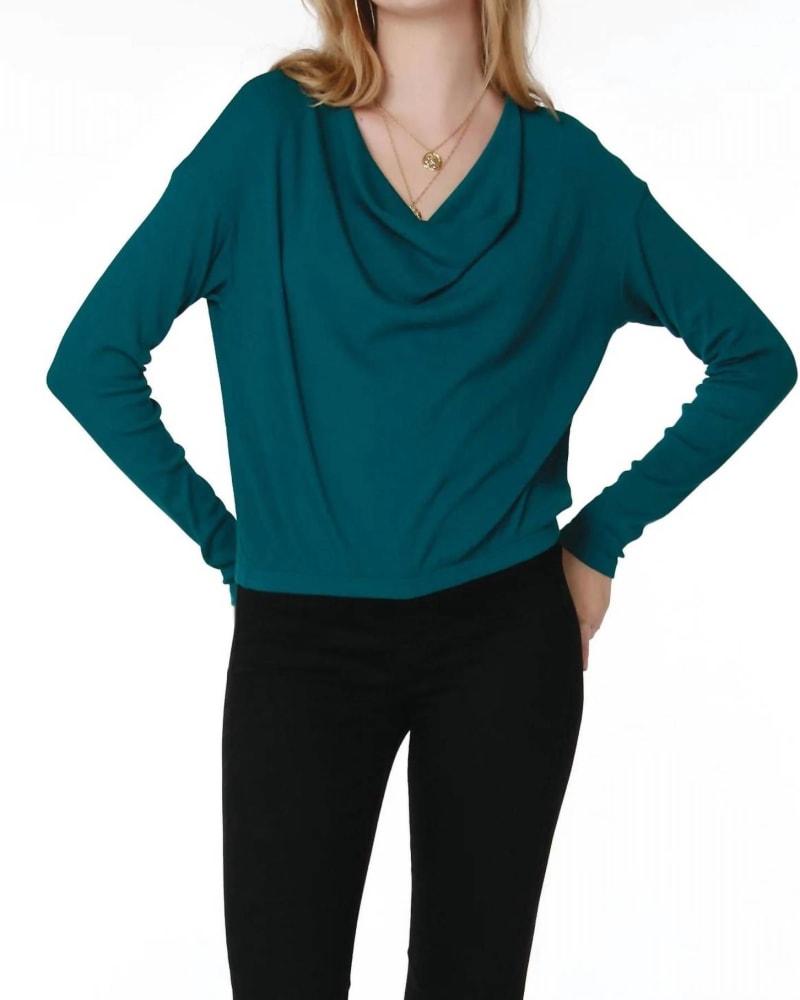 Front of a model wearing a size Large Cowl Long Sleeve Top in Mystic in Mystic by bobi. | dia_product_style_image_id:327086